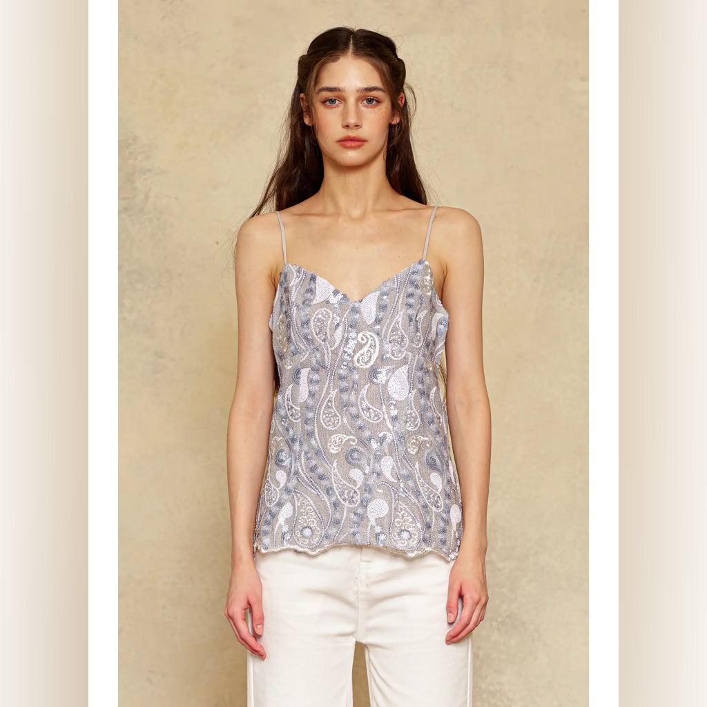 Rosie Posie Lace-Trim Paisley Satin Cami Top - Silver Gray
